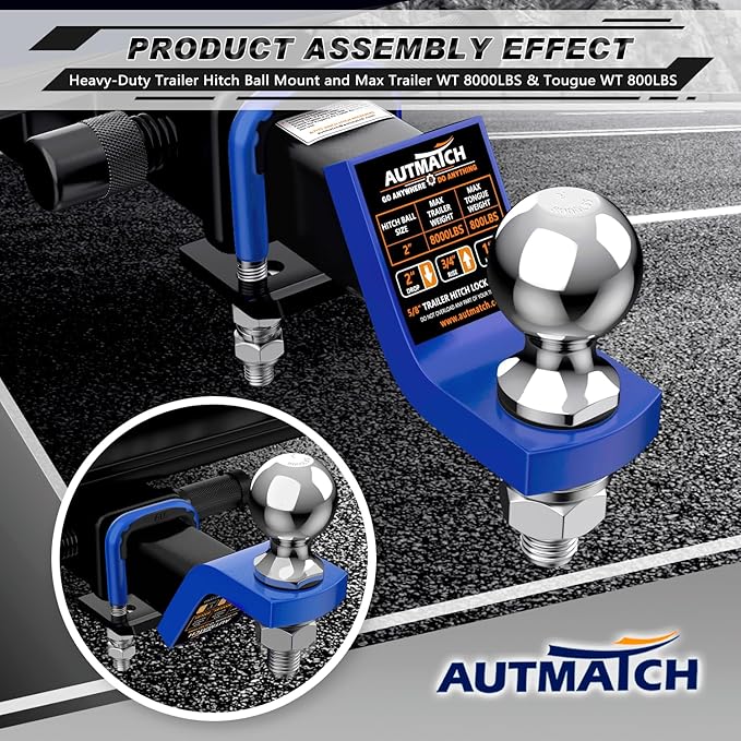 AUTMATCH Trailer Hitch Ball Mount with 2 Inch Hitch Ball - Fits 2" Receiver with Hitch Tightener, 8000Lbs Capacity Ball Hitch, 2-Inch Drop with 5/8" Hitch Lock Pin, Blue & Black