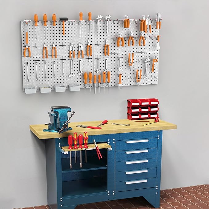 WALMANN Metal Pegboard Kit with Accessories for Wall Garage Tools Storage Pegboard for Garage, Workbench, Modular Peg Board Tool Organizer Board with Hooks(Grey)