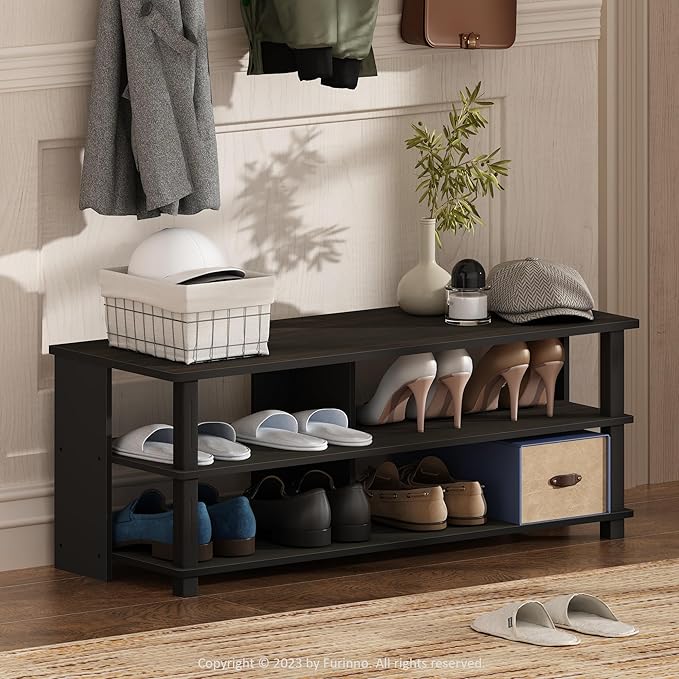 Furinno Turn-N-Tube Shoe Rack, 3-Tier Shoe Organizer, Compact Shoe Storage with Open Shelves, 15.5 x 41.1 x 15.8, for Closet Entryway, Office, Garage, Espresso/Black