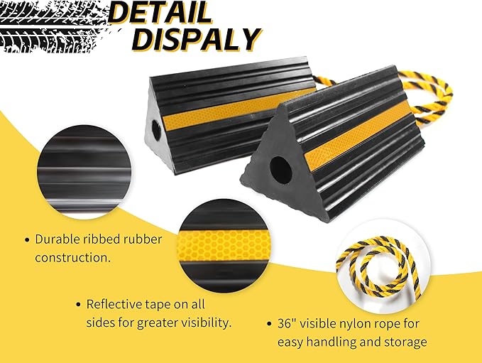 MaxxHaul 50019 Heavy Duty 3-Sided Rubber Wheel Chock with Yellow Reflective Strips and Nylon Rope and Non-Slip Base - 1 Pair