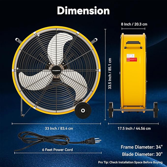 30 inch Industrial Drum Fan, 14000 CFM High-Velocity Heavy Duty Floor Fan with 3 Speeds & 5-Inch Wheels for Warehouse, Workshop, Factory & Garage – UL Listed