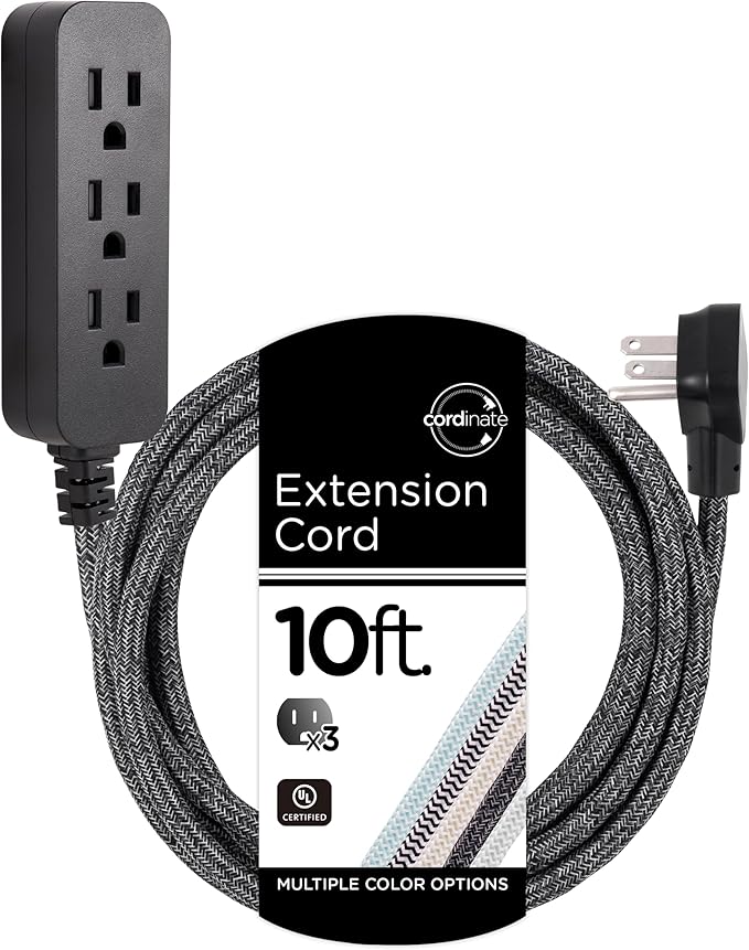 Cordinate 3 Outlet Power Strip Surge Protector Indoor Extension Cord 16 Gauge 245 Joules 10 Ft 3 Prong Braided Extension Cords Flat Extension Cord ETL Listed Gray 43013