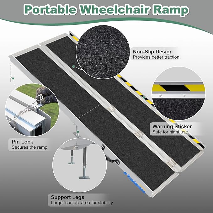 Ruedamann 8FT Wheelchair Ramp, 600Lbs Capacity, Non-Slip Threshold Ramp, Portable Aluminum Folding Handicap Ramp, Wider Design, Mobility Ramp for Home, Wheelchairs, Steps, Stairs, Doorways, Curbs
