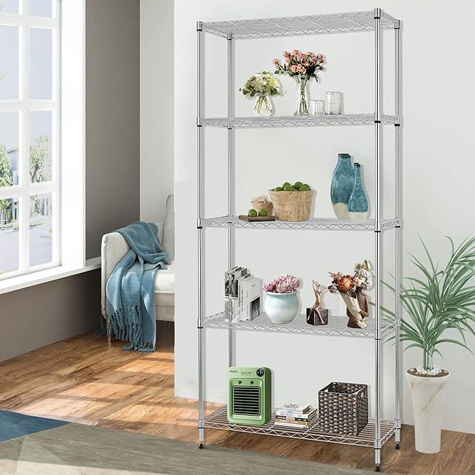 FDW 14" D×24" W×60" H Wire Shelving Unit Metal Commercial Shelf with 5 Tier Layer Rack Strong Steel for Restaurant Garage Pantry Kitchen Garage,Chrome