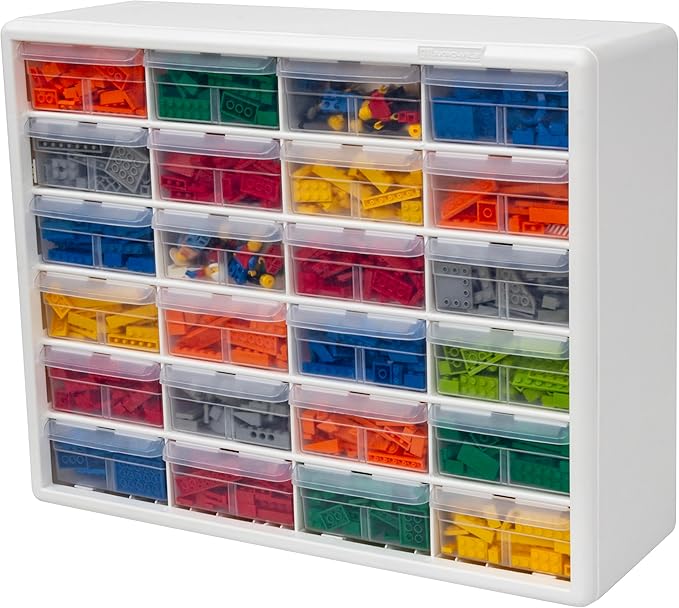 Akro-Mils 24-Drawer Plastic Drawer Storage Cabinet for Garage Organization, Bead Organizer, Building Bricks Storage, Teacher Toolbox, Makeup Organizer, 20-Inch W x 6-Inch D x 16-Inch H, 10124 White