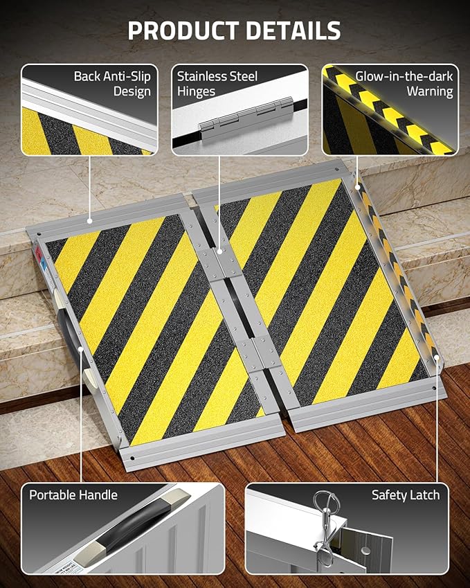 2 FT Portable Wheelchair Ramp, 800LBS Capacity Foldable Aluminum Handicap Ramps with Handle, Ramps for Wheel Chairs for Home Steps, Doorway, Threshold, Front Porch, Entry (Yellow-Black, 2FT)