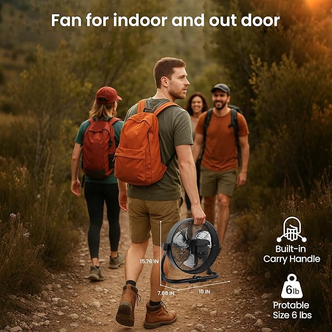 15" High-Velocity Heavy Duty Industrial Floor Fan, 9 Speeds, Metal Construction and Aluminum Blades, NO-Power Bank fan, Portable Fan for Camping (Black)