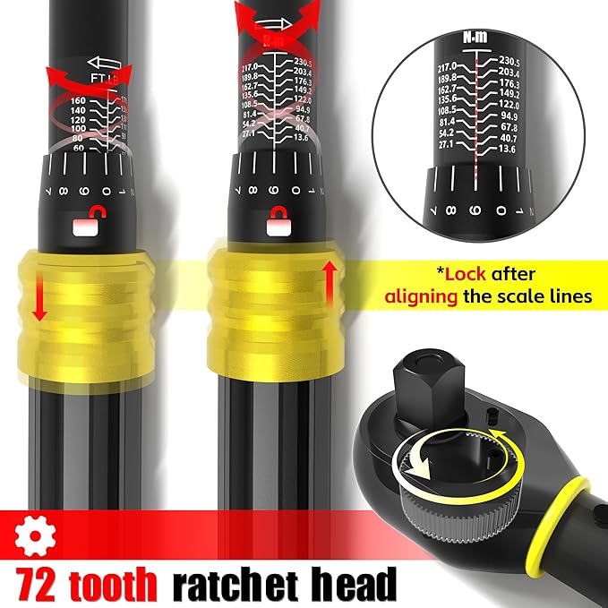 KJE 3PCS Torque Wrench Set, 1/4 & 3/8 & 1/2-Inch Drive 72-Tooth Adjustable Click Torque Wrenches, Maximum 170 ft.lb, Dual-Scales/Direction, ±3% Accuracy, For Bike, Motorcycle, Car, Lug nut, Automotive
