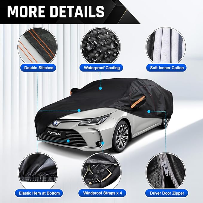 Car Cover Custom Fit for Toyota Corolla 2013-2025, Honda Civic 2016-2025, 6 Layer Heavy Duty Car Cover Waterproof All Weather with Cotton Liner & Door Zipper