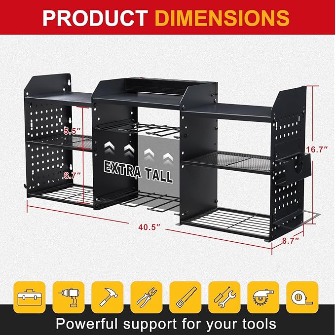 3 layers power tool organizer Loads 150lbs with 8 Cordless Drill Holder and 8 Outlet Power Strip,it’s good choice for husband birthday gift,black