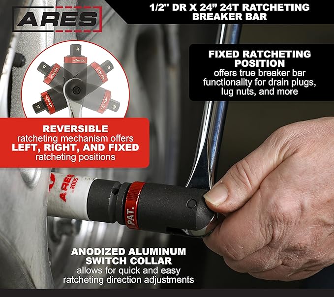 ARES 40012 – 1/2-Inch Drive Ratcheting Breaker Bar – 24-Inch Length – 24 Tooth Ratchet Design Features Reversible Ratchet Collar