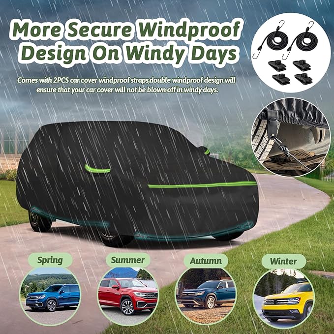 for VW Atlas/Cross Sport (2017-2025) Waterproof Car Cover, 6 Layers 210T Sun Rain UV Dust Snow Protection Outdoor Atlas Full Car Cover with Windproof Gust Strap and Zipper Door-Black