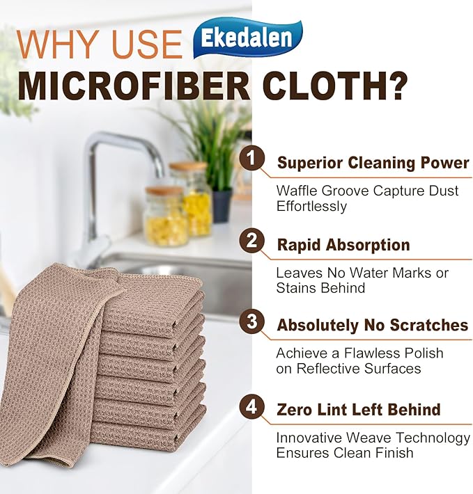 Microfiber Cleaning Cloth Waffle Weave for Dusting Absorbent Towel Quick Drying Dust Rags Household Kitchen, Lint Free Streak Free, 6 Pack,12 x 12 Inches, Khaki