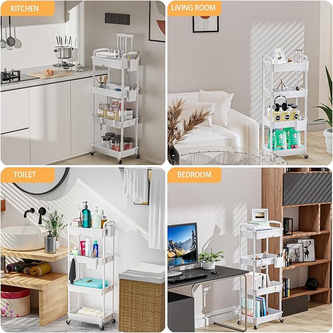 4 Tier Rolling Utility Cart with Drawer,REBECAT Utility Cart Made of Multifunctional Storage Organizer Tool for Kitchen,Bathroom,Living Room,Office(Gray)