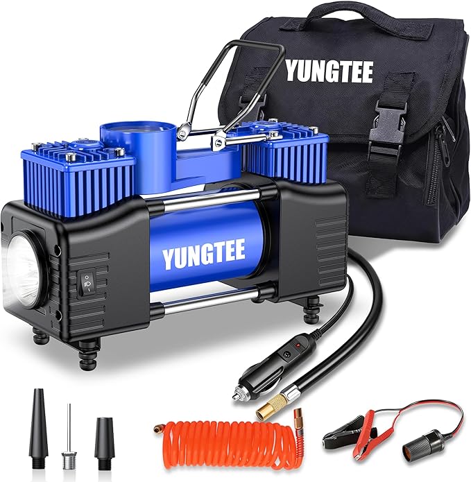 YUNGTEE Blue Tire Inflator Heavy Duty Double Cylinders Direct Drive Inflation Pump,12V Portable Air Compressor Pump with Emergency LED Light - 150PSI Tire Pump,Apply to Car,Suv,RV