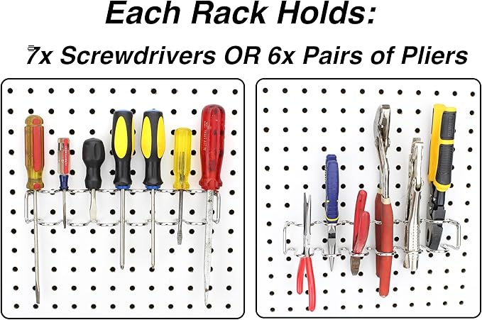 Pegboard Screwdriver Holder, 4-Pack - Hooks to Any Peg Board - Screwdriver and Pliers Rack Accessory Tool Organizer - Organization Accessory for Workbench, Garage, Tool Shed, Craft Room