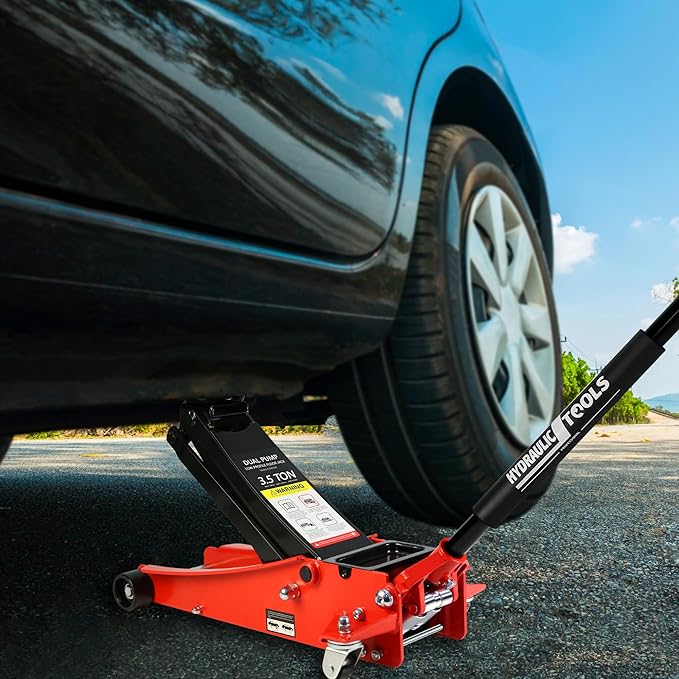 Floor Jack, Low Profile Steel Heavy Duty Hydraulic Trolley Racing Car Jack with Dual Piston Quick Lift Pump, 3.5 Ton (7000 lbs) Capacity, Lifting Range 4"-21", Red