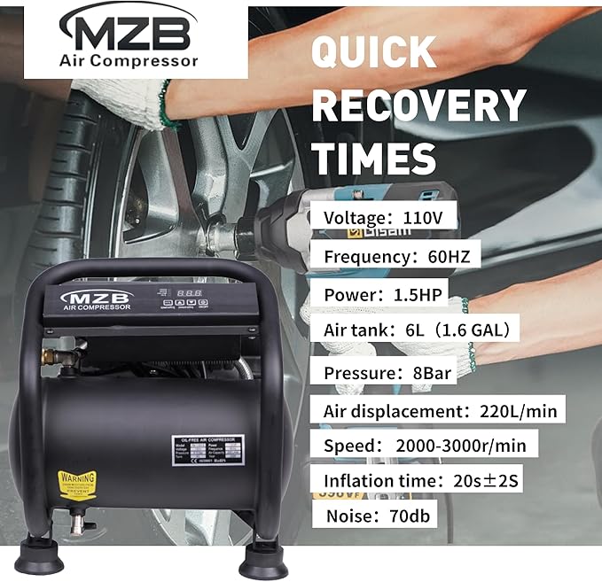 MZB 1.6 Gallon Ultra Quiet Air Compressor 110V/60Hz Steel Tanks Oil-Free 70dB Noise Level Air Compressor with Wheels for Spray Painting, Auto Repair, Carpentry Decoration