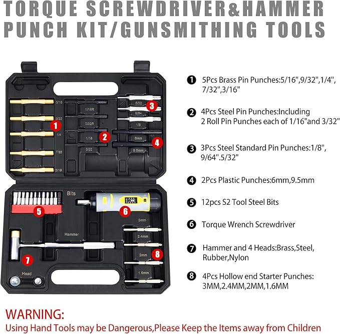 Torque Screwdriver & Pin Punch Set, Elite Gunsmithing Tools Absolute Combo for Gun Maintenance, Scope Mounting, DIY, Include S2 Bits, Brass and Steel Pin Punches, Hammer set