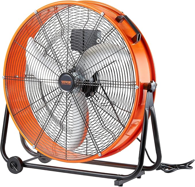 VEVOR 24" Industrial Drum Fan, 8900 CFM High Velocity Shop Fan with Stepless Speed Control, 360° Adjustable Tilt, Heavy Duty Floor Fan for Warehouse, Workshop, Commercial Use, 5ft Cord