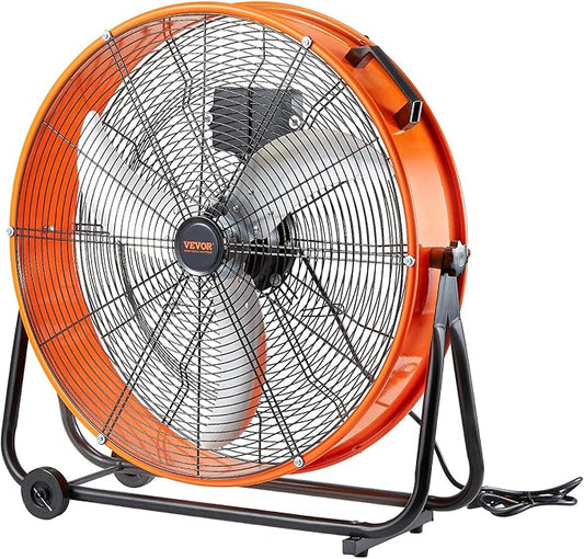 VEVOR 24" Industrial Drum Fan, 8900 CFM High Velocity Shop Fan with Stepless Speed Control, 360° Adjustable Tilt, Heavy Duty Floor Fan for Warehouse, Workshop, Commercial Use, 5ft Cord