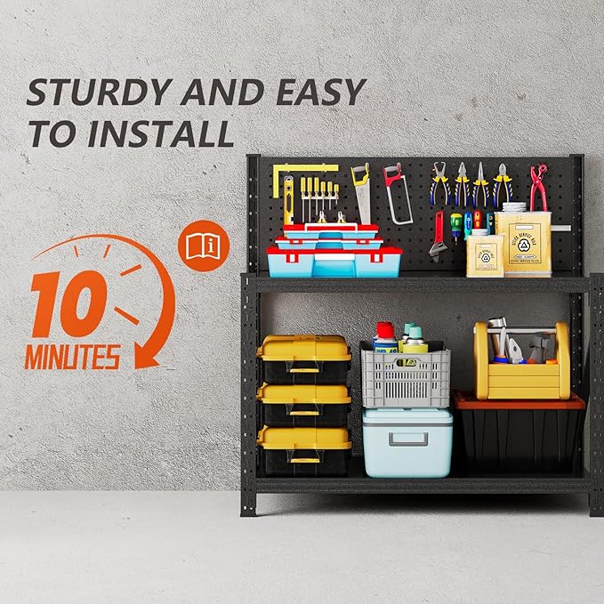 Widened Heavy Duty Workbench with Pegboard, 3000LBS Capacity Work Table with Reinforce Stable Side Beams, Metal Workstation for Garage Warehouse Workshop Office, 47.2" H x 47.2" W x 18.9" D, Black