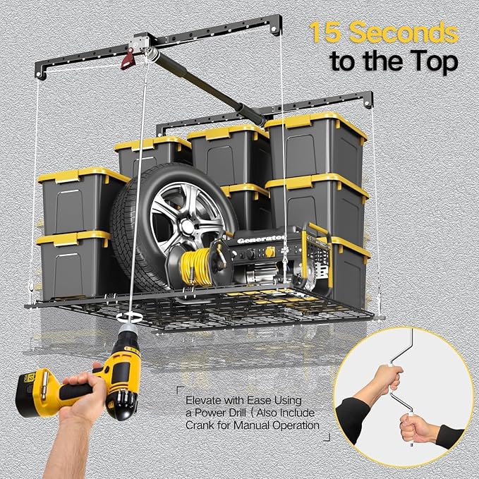 Overhead Garage Storage Rack for 10-12 ft Ceiling, Heavy-duty 4x4 FT Garage Ceiling Storage Racks with Safety Lock, Ideal for Storage Mounted Lift System and Storage Organizer, 250lbs Capacity