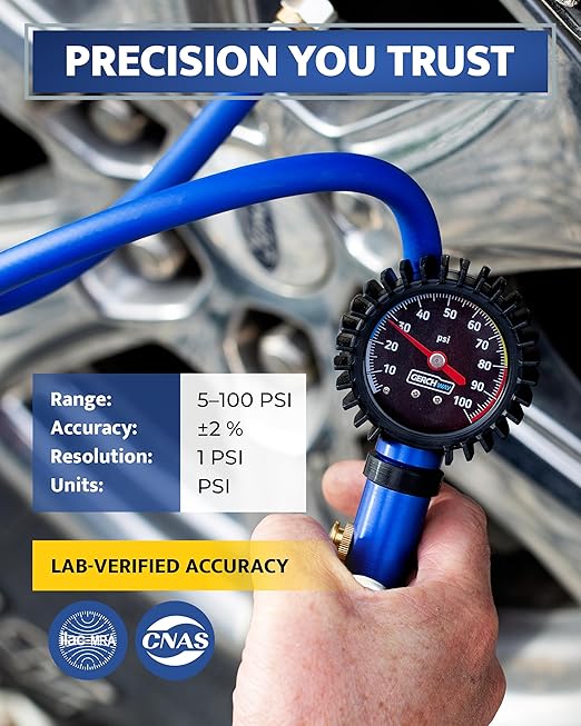 GERCHWAY Tire Inflator with Pressure Gauge and Longer Hose - Most Accurate, Heavy Duty Air Chuck with Gauge for Air Compressor Tire Inflator Attachment - 100PSI