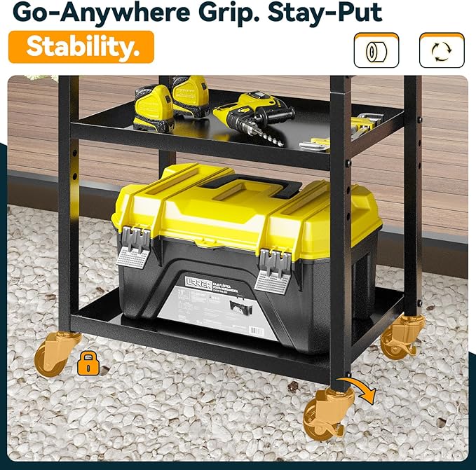 Warome Power Tool Organizer Cart with Drawer, Garage Floor Rolling Storage Cart on Wheels for Mechanic, Heavy Duty Utility Rack Shelf for 360° Swiveling, Garage Orgnization for Drill Holder