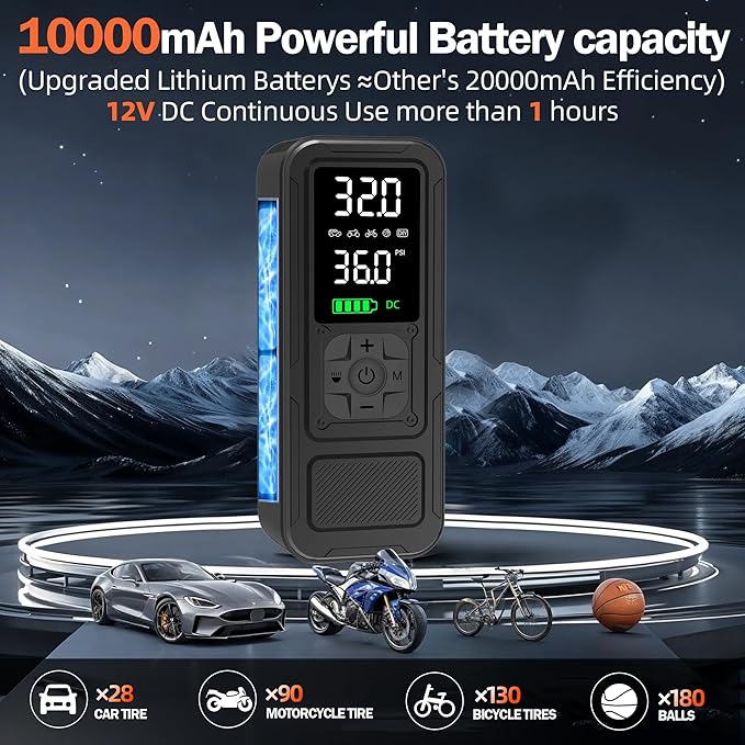 Y34 Tire Inflator Portable Air Compressor,4X Faster Inflation,10000mAh Cordless/12V DC 150PSI Air Pump for Car Tires with Digital Pressure Gauge/LED Light for Car,Motorcycle,Bike,Ball