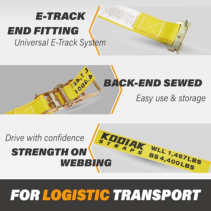 4 Pack E-Track Ratchet Straps 2" x 12' x 4,400 lbs Strength for Cargo Tie Down in Enclosed Trailer & Van by KODIAK STRAPS