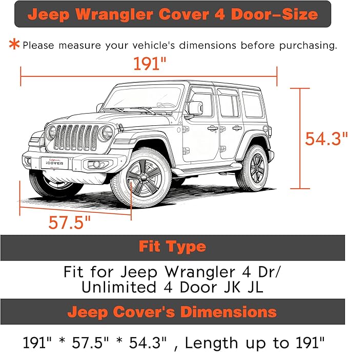 iCOVER Car Cover for Jeep Wrangler 4 Door, Waterproof Jeep Cover with Detachable Tire Covers, All Weather Outdoor Full Exterior Jeep Covers, Snow UV Protection Jeep Wrangler Cover, Fits up to 191"
