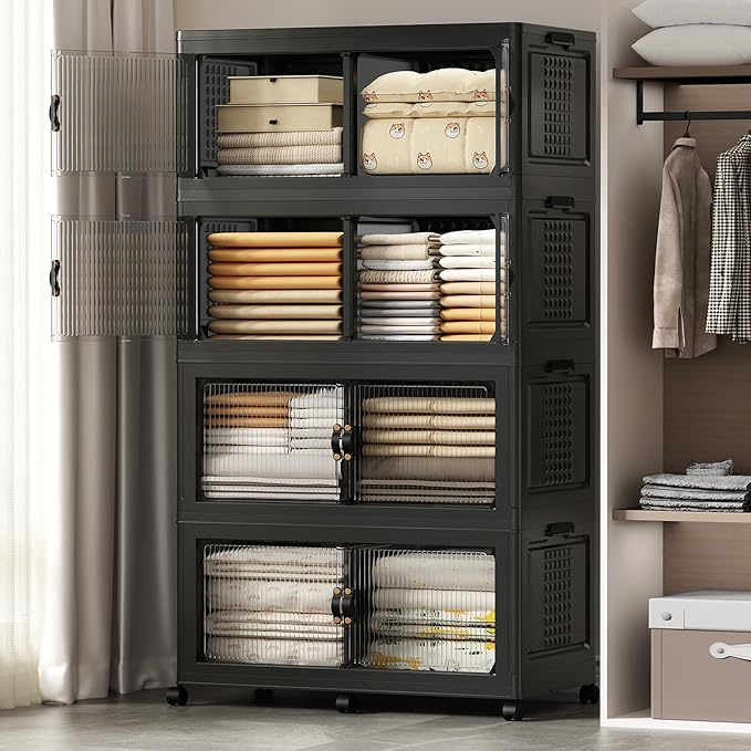SAILUN 190Gal/760Qt Stackable Storage Bins Folding Collapsible Storage Bins with Lid, Closet Organizers and Storage Box with Door Black 33.5" W x 19" D x 69" H
