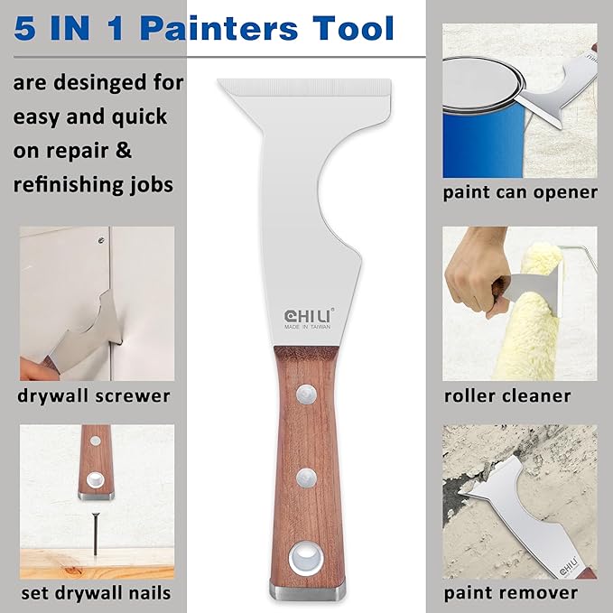 CHILI Tools 2PC. 5 IN 1 Stainless Steel Paint Scraper With Wooden Handle Hammer End, Made In Taiwan