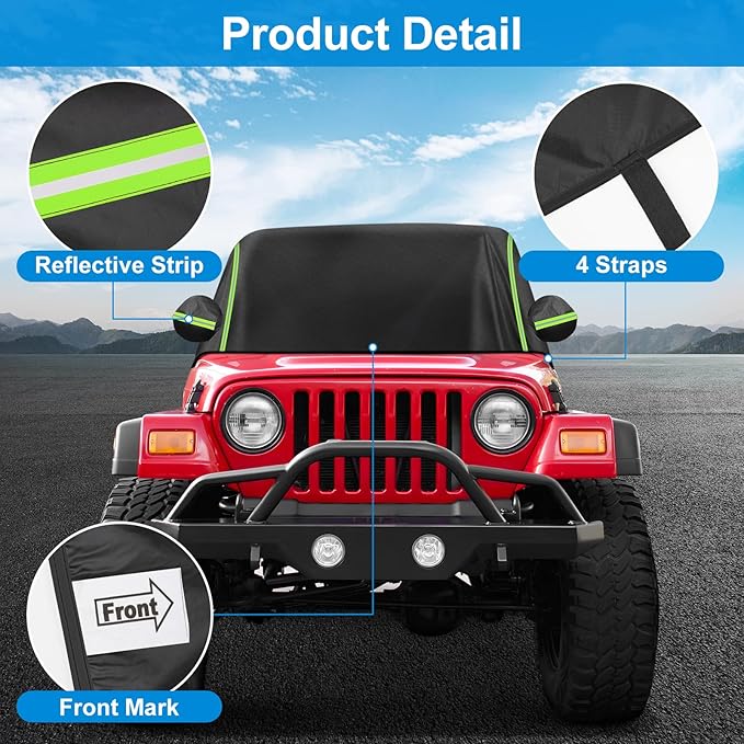 QUNSUNUS Cab Cover for Jeep YJ TJ 2 Door, Half Car Cover with Cotton Liner, All Weather Waterproof Rain Cover with Straps for Wind, Sun, UV and Dust Protection
