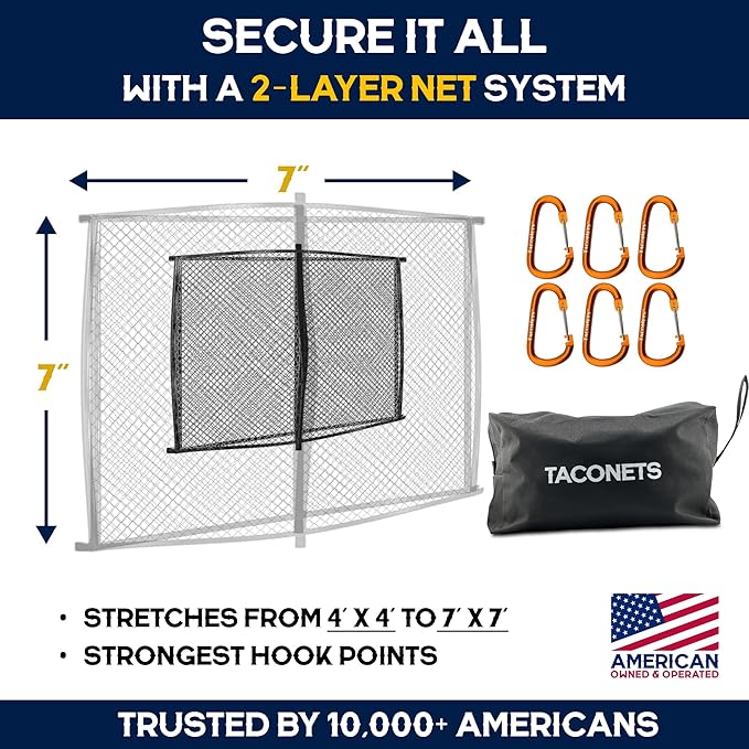 TacoNets Upgraded Highly Elastic Cargo Net, USA Company, Simple Truck Bed Cargo Mesh Organizer, Suitable for Light Loads, Heavy Duty Carabiners, 4'x4' Double Layer