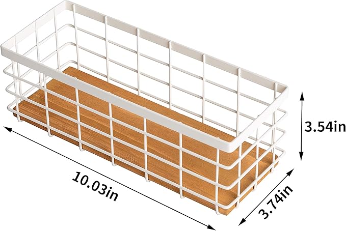 TIEYIPIN Small Metal Wire Storage Basket, Detachable Wood Base Storage Organizer Bin Basket for Kitchen Cabinets, Bathroom, Pantry, Garage, Laundry Room - Cream White