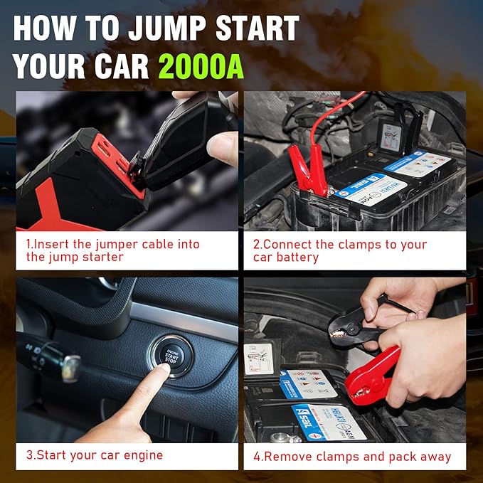 BOOKOO Jump Starter 2000A for Car,Boat,Lawnmower 8.0L Gas&6.5L Diesel Engines Portable 12V Car Battery Jump Starter with Cables,Wall Charger,USB 3.0 Fast Charging,16V DC Output,3 LED Modes