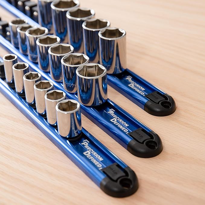 Precision Defined Aluminum Tool Socket Holder 3-Piece Set | Blue, 1/4-Inch x 16 Clips, 3/8-Inch x 16 Clips, 1/2-Inch x 14 Clips | 360 Rotation - Heavy Duty Socket Rails Organizer, Socket Storage