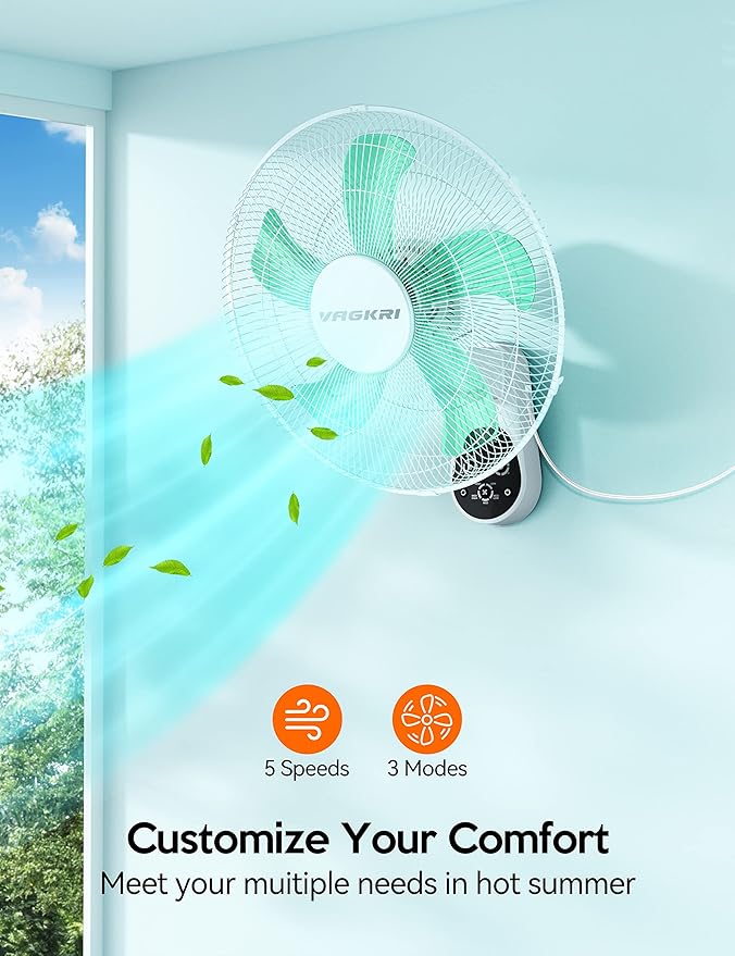VAGKRI Wall Mount Fan, 16 Inch Wall Fans with 5 Blades, 5 Speeds, 8 Hour Timer, 90° Oscillating Quiet Fans with Remote for Home Office Bedroom Living Room Garage (White)