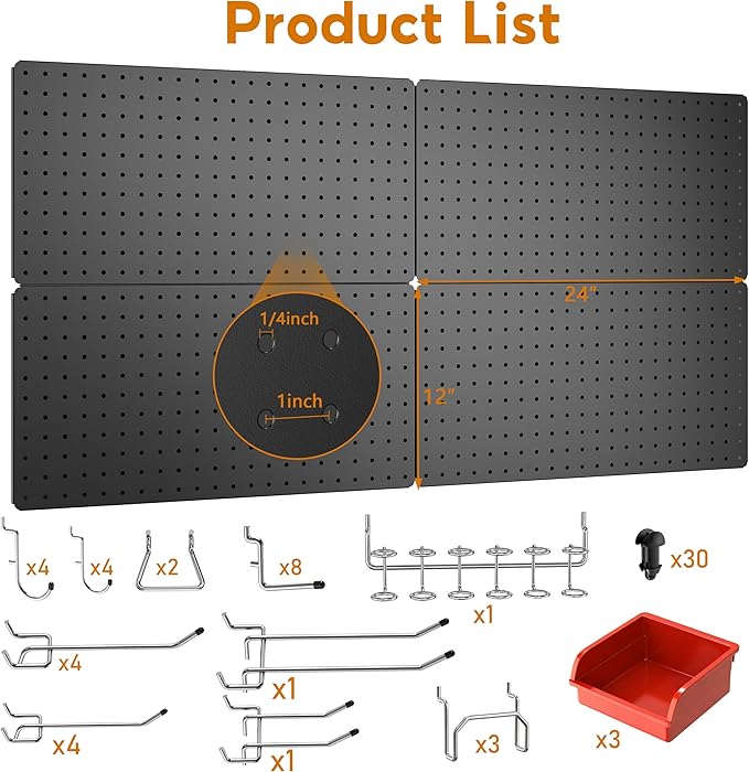Peg Board, 84pcs Metal Pegboard Kit, Includes 4 Pack 24''X12'' Large Black Peg Board with Accessories and Hook Locks, Heavy Duty Peg Boards for Walls Home, Garage Tool Storage, Workbench
