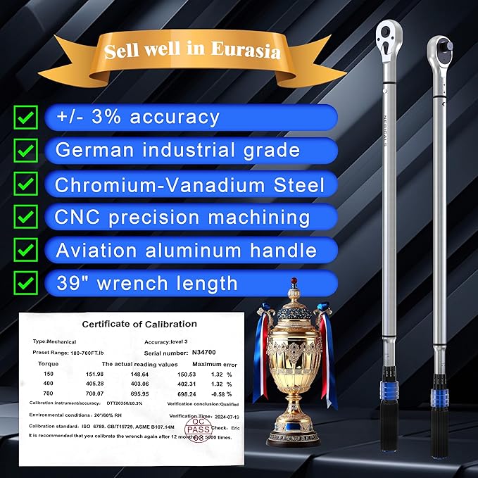 3/4'' Inch Drive Torque Wrench 100-700 Ft Lb / 135-949 Nm/Heavy Duty/Dual Direction/High hardness/Long lifetime/Stored In a Solid Case
