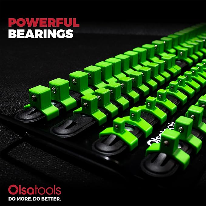 Olsa Tools Portable Socket Organizer Tray - Black Rails with Green Clips - Holds 80 Sockets - Professional Quality Socket Holder - Part 1024