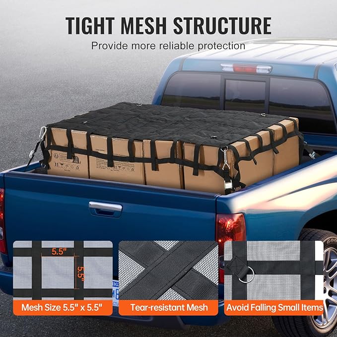 VEVOR Cargo Net for Pickup Truck Bed, 6' x 4.75' Heavy Duty Truck Cargo Net Safety Mesh Net with 4 S-Hook Straps with Carabiners & S-Hooks for Trailer, Pickup, Boat, Jeep, SUV