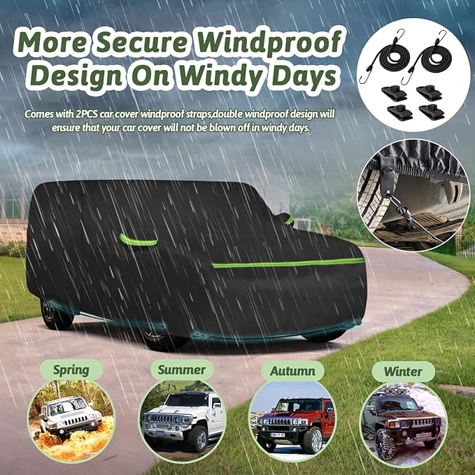 6 Layers Car Cover for Hummer H2 SUV 2002-2009, 210T Waterproof Sun Rain UV Dust Snow Protection Outdoor H2 Full Car Cover with Windproof Gust Strap and Zipper Door-Black