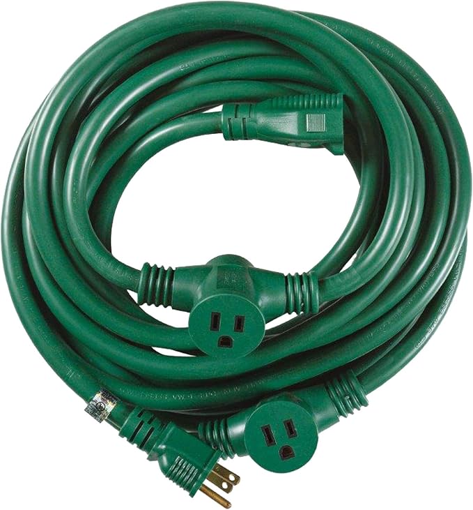 Southwire Outdoor Extension Cord - Durable Medium-Duty Yard & Patio Cable - SJTW Extension - 14 Gauge - 3 Conductor - 3 Outlet - Green - 25 Foot