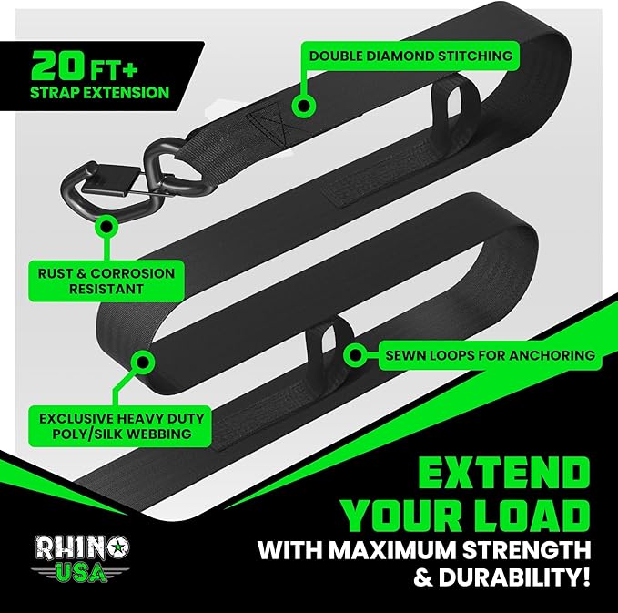 2 Pack Ratchet Strap Extension – 20 FT x 1 Inch with Loops Every 5 FT – S-Hook with Safety Clip – 1,209 LB Break Strength – Cargo Tie Down for Oversized Loads, Boxes, Moving, Hauling
