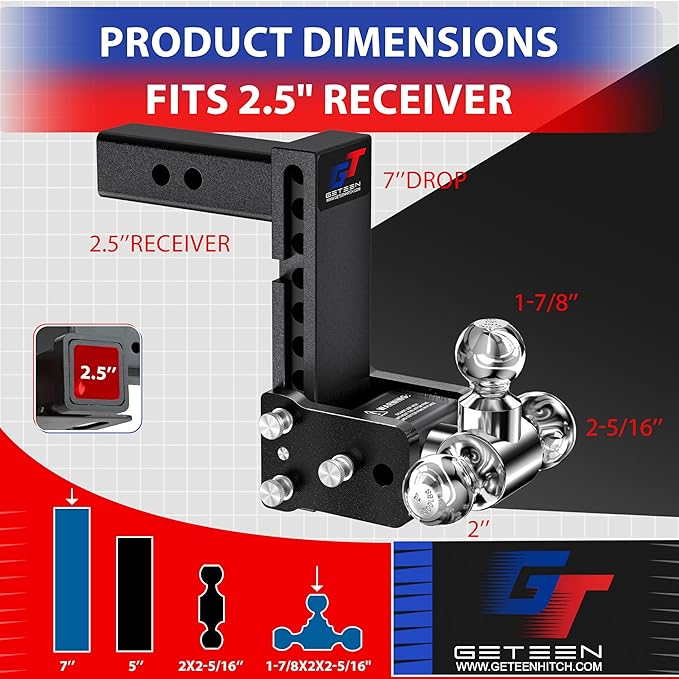 Geteen Trailer Hitches, Adjustable Trailer Hitch Ball Mount - Fits 2.5" Receiver, Tri-Ball (1-7/8" x 2" x 2-5/16"), 7" Drop, 15,000 GTW - GT25073B