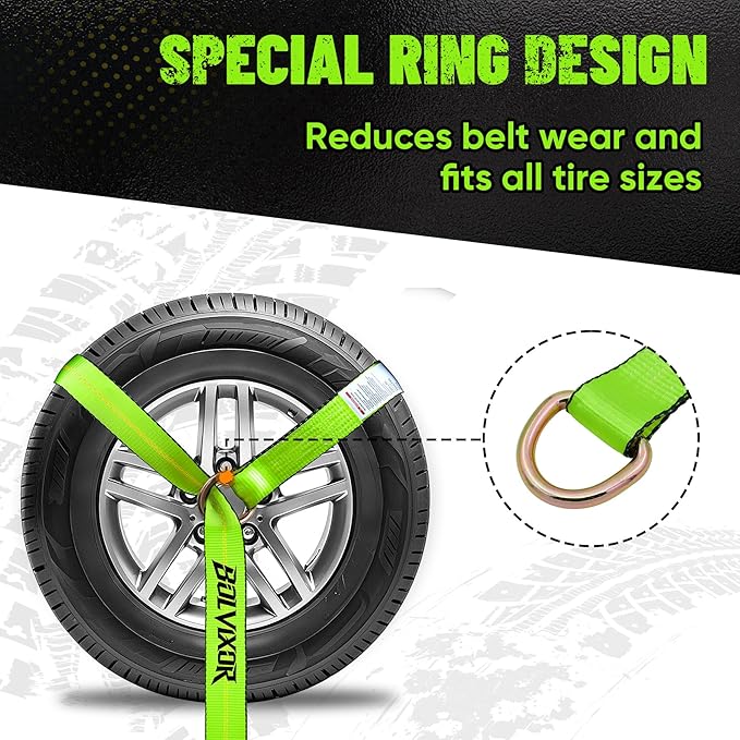 8 Pack 2" x 96" Lasso Strap - 9900LBS Break Strength - D Ring Auto Tie Down for Wheel Lift, Trailer, Tow Truck (Green)