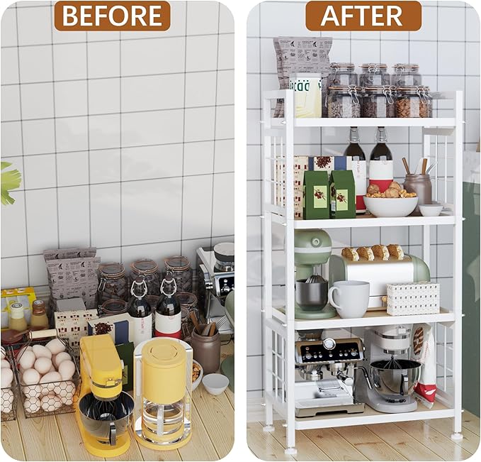 GIOTORENT 4-Tier Pantry Shelves with Wooden Boards, Heavy Duty Storage Shelves & Book Shelf, Adjustable Metal Shelving Unit for Kitchen Bathroom Laundry Organizer, Sturdy Rust-Resistant, White